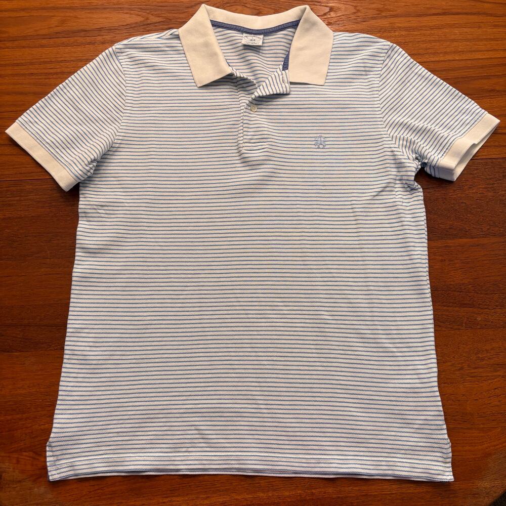 Brooks Brothers Men's White Blue Striped Short Sleeve Polo Shirt Large